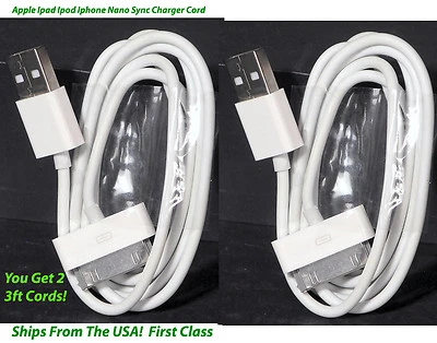 Apple Sync Charger Cord Get 2 - for Ipad Ipod Iphone - 3 foot - 30 Pin Gen 1 & 2 - Image 1 of 4