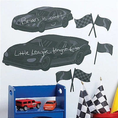 WALLIES RACE CARS CHALKBOARD wall stickers 8 decals finish flags racing decor - Image 1 of 2
