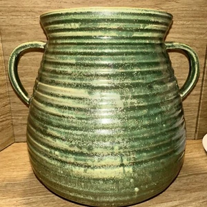 Pottery Ring Base Jug / Beehive Double Handled Green Vase  Vietnam 8.5” Heavy - Picture 1 of 11