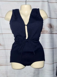VTG 50s 60's Jantzen Black 12 Swimsuit 1 Piece Tie Belt Split Front Retro Deep V - Picture 1 of 20