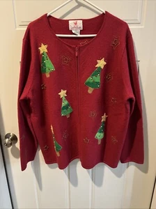 Quacker Factory Beaded Christmas Tree Sweater Cardigan 1X Plus Size 52" Bust - Picture 1 of 6