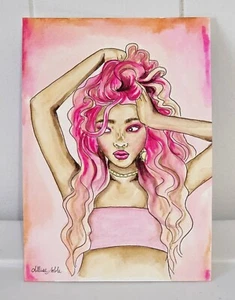 5x7 Original Ink Drawing Fashion Illustration - Pink Hair Coral Cute Alternative - Picture 1 of 2