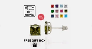 14K Massiv Weißgold Quadratisch Prinzessin Schnitt CZ Geburtsstein Ohrstecker Alle Größen - Bild 1 von 15