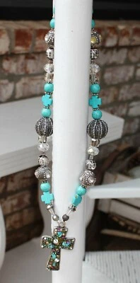✅Collar 26" Mosaico Suroeste Imitación Turquesa Colgante Cruz Estrás Cuentas Foto 1 de 4