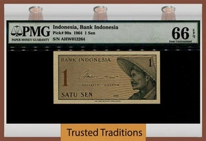 TT PK 90a 1964 INDONESIA BANK of INDONESIA 1 SEN PMG 66 EPQ GEM UNCIRCULATED - Picture 1 of 2