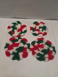 Menge 4 Vintage Handgestrickte Deckchen Rot Grün Weihnachten Deckchen Set Untersetzer  - Bild 1 von 5