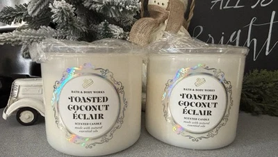 Bath & Body Works X2 COCO TOSTADO ECLAIR Grande 3 Mechas Vela Tapa Vidrio Foto 1 de 2