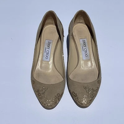 Zapatos de tacón Jimmy Choo Nude Esme Kitten para mujer EU 36 US 6 beige gamuza dorado brillo Foto 1 de 4