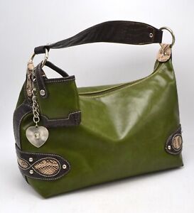 NINE WEST Shoulder Bag Hobo Bucket Handbag Faux Leather Green Reptile Trim Heart