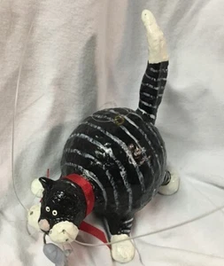 Vtg Christmas Ornament Fat Cat Caught a Mouse Paper Mache Black White Stripe - Picture 1 of 9
