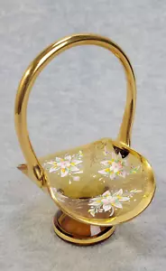Venezianisch Böhmisch Tschechische Kunst Glas Bernstein Korb emailliert appliziert Blumen signiert - Bild 1 von 11