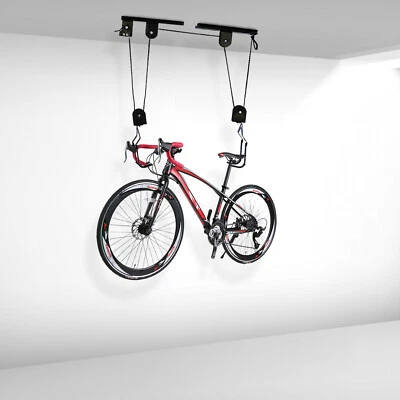 Bicycle Bike Lift Hoist Ceiling Storage Hanger Pulley Rack Garage w/ Hooks - Image 1 of 4