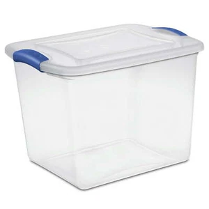 Stackable Plastic Tote Box Storage Containers Bin 27 Qt, Blue Latches with Clear - Picture 1 of 5