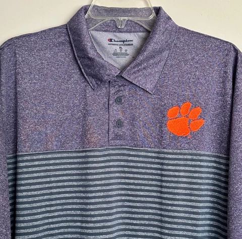 New Clemson Tigers Men’s Polo Shirt Stripes Purple Gray Champion Embroidered Cover