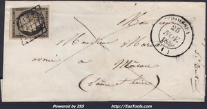 FRANCE CERES 20c N°3 SUR LETTRE GRILLE + CAD TYPE 14 DU 25/11/1849 - Picture 1 of 2
