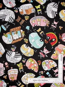 Camper Fabric Campers Toss Black Vintage Holiday Cotton Loralie Designs By Yard - Picture 1 of 1