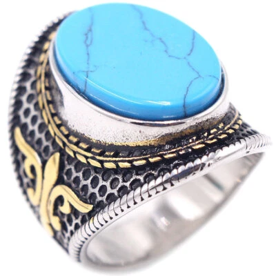 Anillo de sello retro vintage plano turquesa acero inoxidable motociclista para hombre Foto 1 de 4