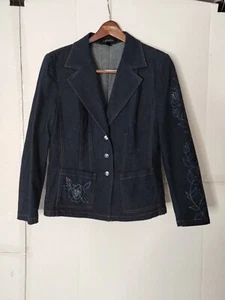 Escada Dark Blue Denim Blazer SZ 42 Women Western Cowgirl Fitted Dressy - Picture 1 of 15