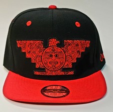 Black Red Aztec Chicano Huelga Bird Snapback Hat Red buttons Aztlan Under bill