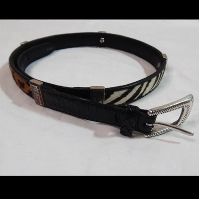 CINTURÓN HEBILLA PLATA PELO VACA ANIMAL ESTAMPADO CUERO BRILLANTE TALLA 32 Foto 1 de 4