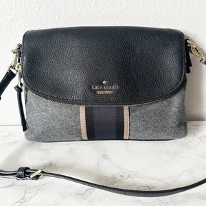 Kate Spade Gray Striped Wool Blend Black Pebble Leather Fold Over Crossbody Bag - Picture 1 of 15