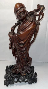 Vtg Chinese Boxwood Wood Carved Longevity Old Man God Statue With Peach on Base - Picture 1 of 17