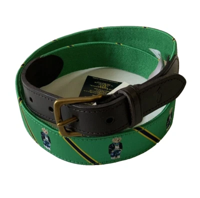 Nuevo Para Hombre Ralph Lauren Verde Polo Oso Marrón Cuero Cinta Cinturón Talla 42 Foto 1 de 4