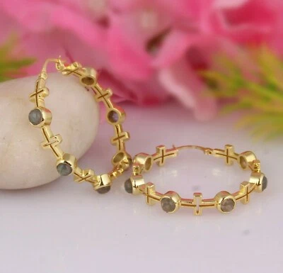 Pendientes de aro de labradorita de diseñador cruzado enchapados en oro de plata 925 aros de boda Foto 1 de 4