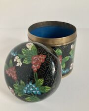 Vintage Cloisonne Enameled Flower Motif Tea Caddy Brass Trinket Box Black Pink