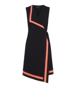 Karen Millen Black Sleeveless Faux-wrap Dress Size UK 8 Orange Purple Stripe - Picture 1 of 15