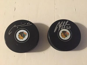 Brandon Saad & Marian Hossa Autographed BlackHawks Logo Pucks - Schwartz - Picture 1 of 7