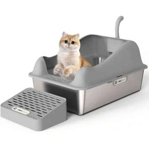 Stainless steel litter box, large size, semi-closed design - Picture 1 of 9