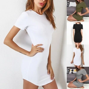 Classy Solid Color Women's Slim Dress Round Neck Short Sleeve Party Wear - Picture 1 of 30