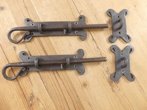 2 LARGE IRON LOCKS SLIDING DOOR LOCK AND LATCH BARN DEAD BOLT FANCY HAND FORGED  - Picture 1 of 12