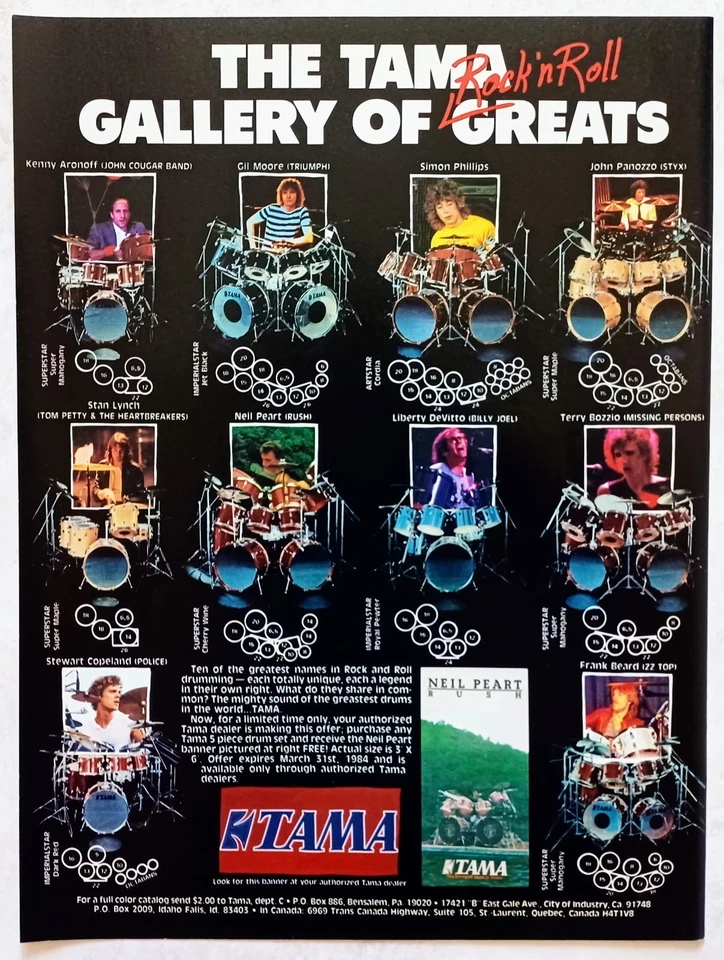 RUSH ~ NEIL PEART ~ TAMA БАРАБАННЫЕ НАБОРЫ ~ 1984 ПРОМО ПЛАКАТ ПЕЧАТНАЯ РЕКЛАМА ~STYX/ZZ TOP/TRIUMPH - Изображение 1 из 1