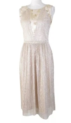 Tahari бежевый плиссированные металлический жаккард иллюзия миди платье золото плиссированные 4P - Изображение 1 из 4