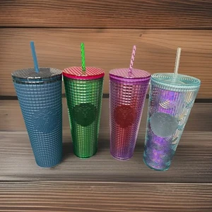 Starbucks Cups Set Of 4 Venti 24oz Tumblers With Straw/Lid Iridescent Grid Jewel - Picture 1 of 7