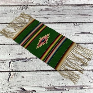 Handwoven Mini Mexican Rug 10.5 x 6.5 inches Green w/ Fringe Souvenir Decor - Picture 1 of 6
