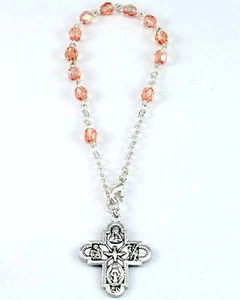NEW ONE DECADE ROSARY BRACELET PINK AURORA CRYSTAL BEADS SILVER PLATED LINKS - Picture 1 of 1