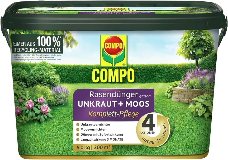COMPO Rasendünger 6 kg, 200 m² gegen Unkraut + Moos Komplett-Pflege Langzeit - Bild 1 von 4
