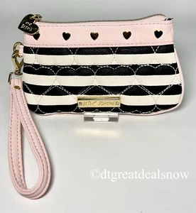 Betsey Johnson Wristlet Wallet Pink White Navy Stripe Clutch Quilted Heart - Picture 1 of 9