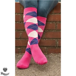 Rhinegold Fully Cushioned Sole Long Riding Socks   PINK and NAVY  Super Stretchy - Picture 1 of 8