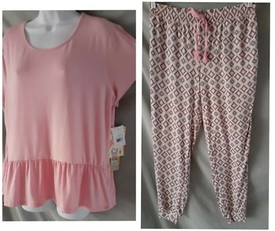 Conjunto de Pijama MukLuks Rosa Gris Geométrico Pantalón Largo Manga Gorra Grande 46" Busto  Foto 1 de 4