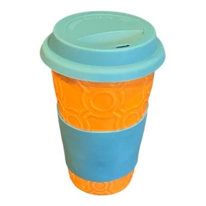 SCM Design Stoneware Ceramic Orange Aqua Travel Tumbler Grip & Lid 12 oz - Picture 1 of 3