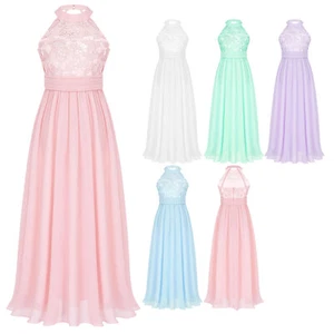 Kids Flower Girls Dress Halter Chiffon Lace Wedding Evening Prom Party Long Gown - Picture 1 of 48
