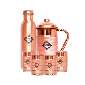 Pure Copper Jug(1500 ml), Bottle(1000 ml) And 4 Glass(300 ml) - 6 Pieces, Brown - Picture 1 of 5