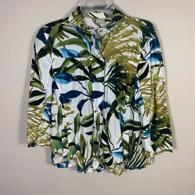 Chicos Zip-Front Tropical-Print Linen Jacket Size L 3/4 Sleeve Snap Buttons - Image 1 of 4