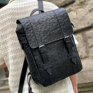Men's Backpack GENUINE Ostrich Leather Exotic Luxury Large Black Bag for Laptop - Picture 1 of 9