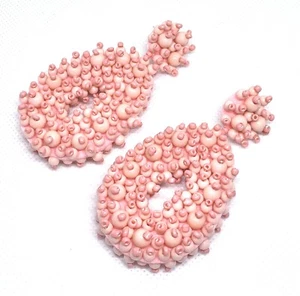 ZARA STYLISH WOMEN'S SEED BEADED OVAL DROP STATEMENT EARRINGS BLUSH PINK - Picture 1 of 3