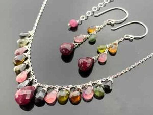 Ruby Watermelon Tourmaline 925 Sterling Silver Necklace and Earrings Set - Picture 1 of 8